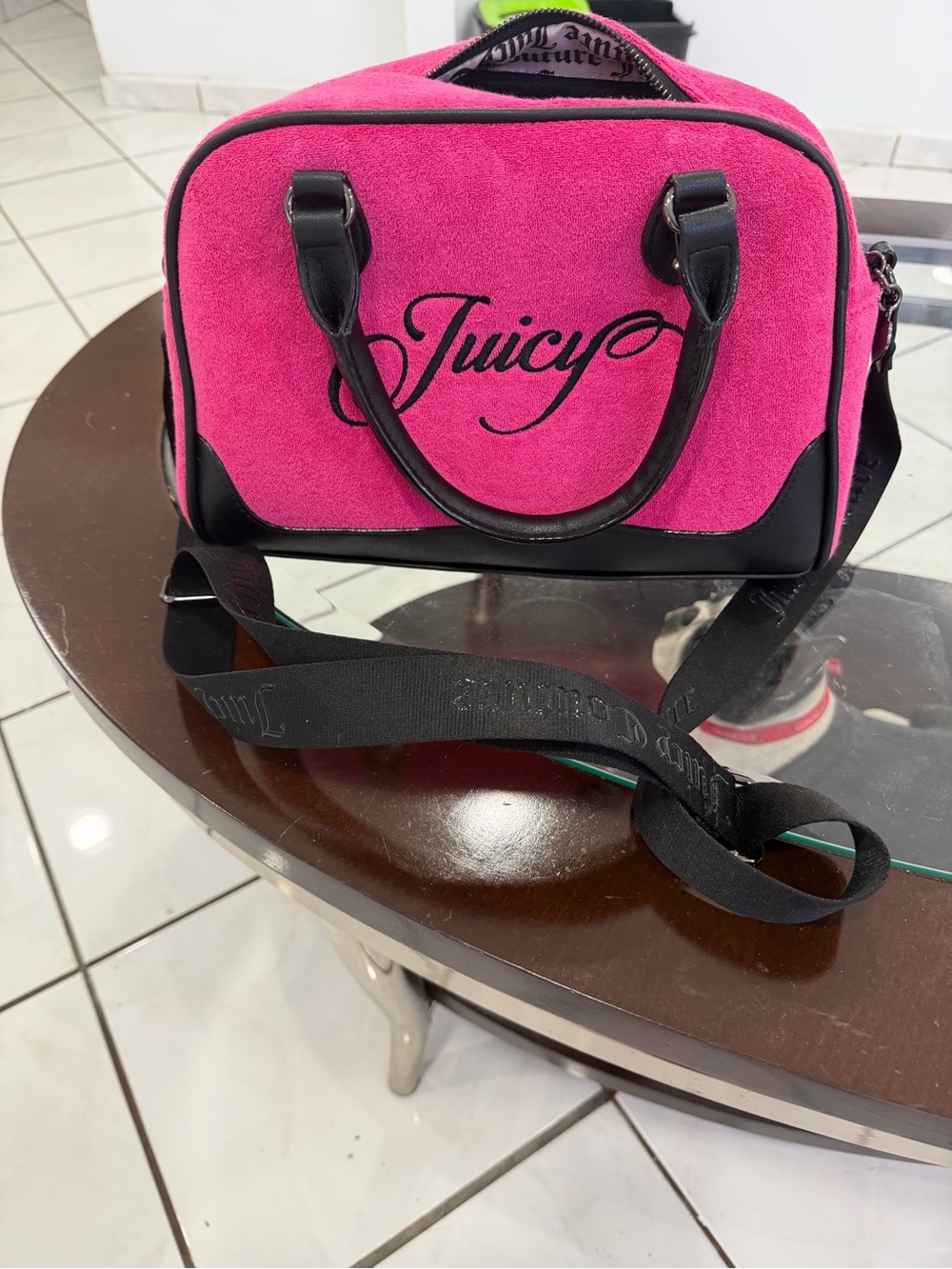 Juicy Couture Pink Suede Crossbody Satchel with Black Trim